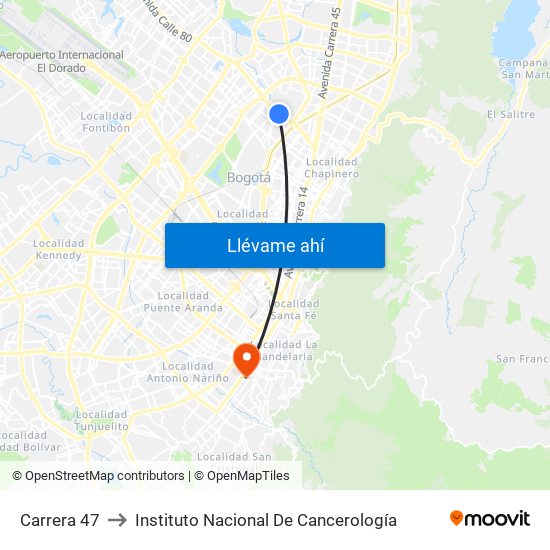 Carrera 47 to Instituto Nacional De Cancerología map