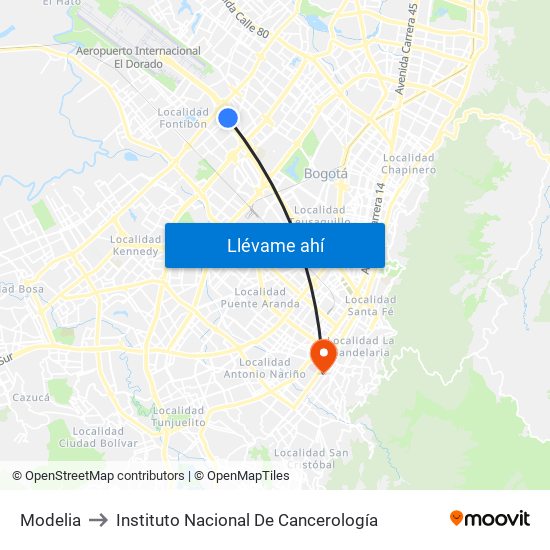 Modelia to Instituto Nacional De Cancerología map