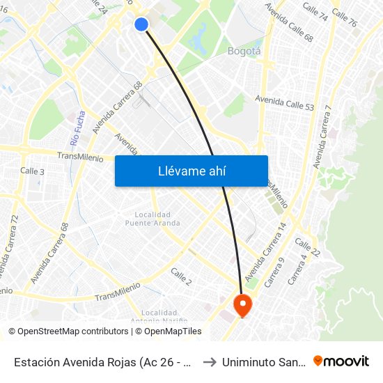 Estación Avenida Rojas (Ac 26 - Kr 69d Bis) (B) to Uniminuto San Camilo map