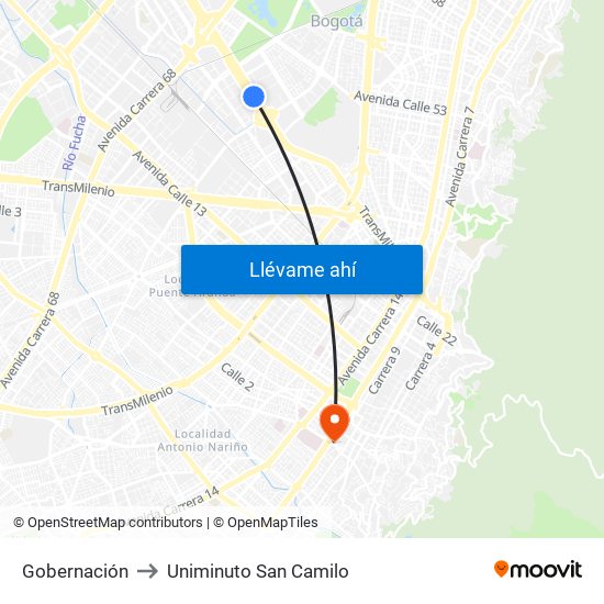 Gobernación to Uniminuto San Camilo map