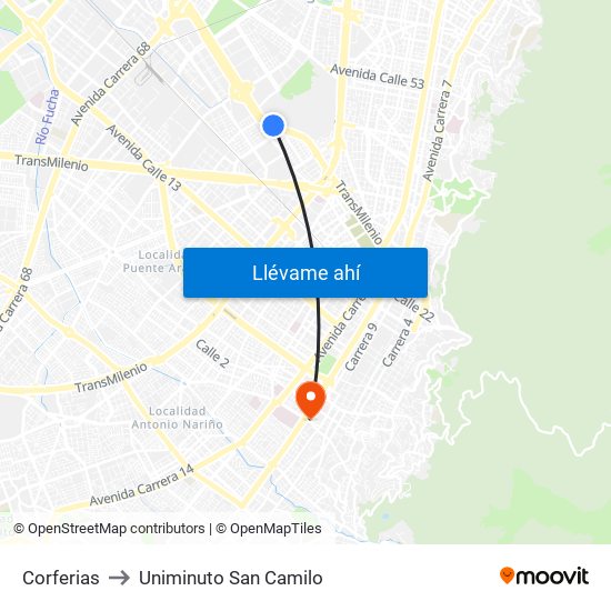 Corferias to Uniminuto San Camilo map
