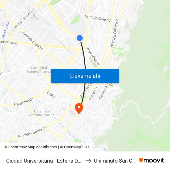 Ciudad Universitaria - Lotería De Bogotá to Uniminuto San Camilo map