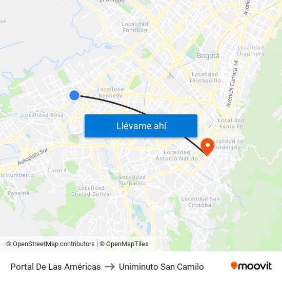 Portal De Las Américas to Uniminuto San Camilo map