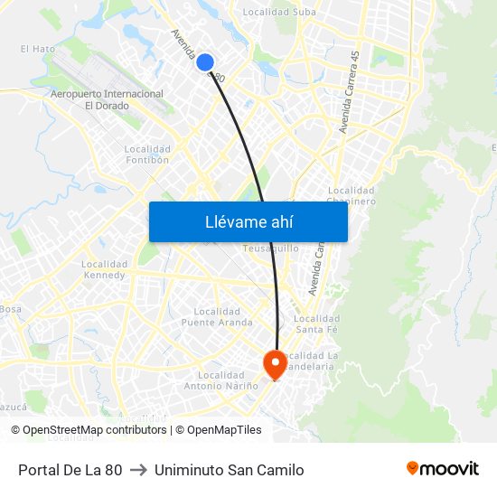 Portal De La 80 to Uniminuto San Camilo map