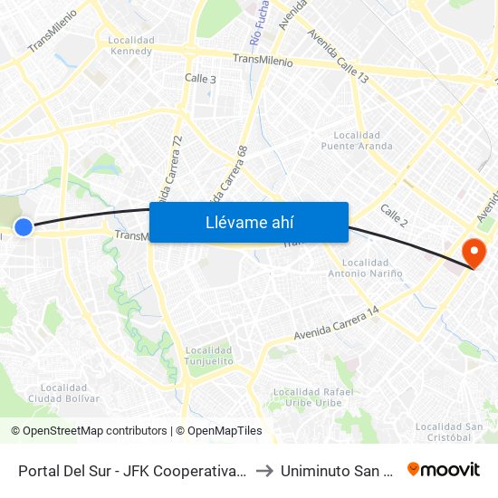 Portal Del Sur - JFK Cooperativa Financiera to Uniminuto San Camilo map