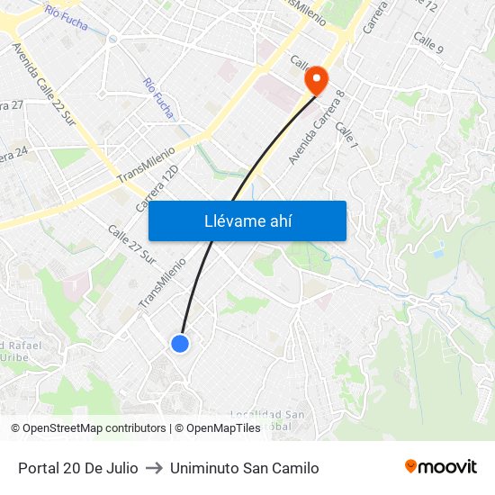 Portal 20 De Julio to Uniminuto San Camilo map