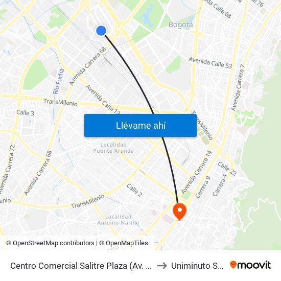 Centro Comercial Salitre Plaza (Av. La Esperanza - Kr 68b) to Uniminuto San Camilo map