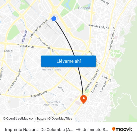 Imprenta Nacional De Colombia (Av. Esperanza - Kr 66) to Uniminuto San Camilo map