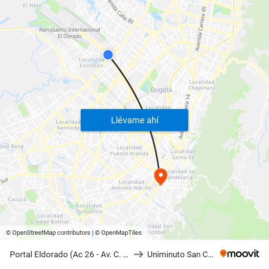 Portal Eldorado (Ac 26 - Av. C. De Cali) to Uniminuto San Camilo map