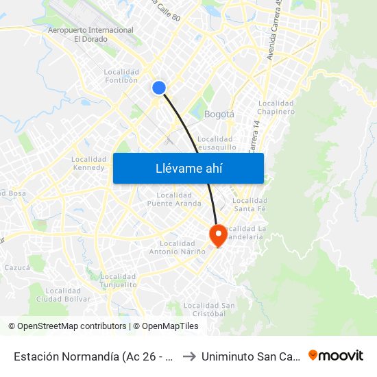 Estación Normandía (Ac 26 - Kr 74) to Uniminuto San Camilo map