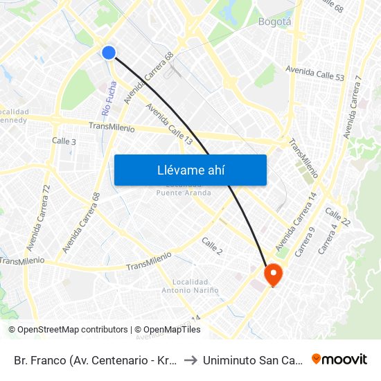 Br. Franco (Av. Centenario - Kr 69b) to Uniminuto San Camilo map