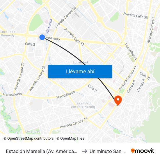 Estación Marsella (Av. Américas - Kr 69b) to Uniminuto San Camilo map