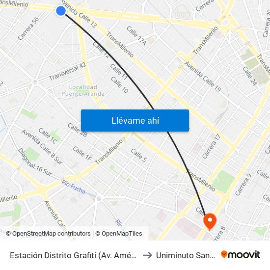 Estación Distrito Grafiti (Av. Américas - Kr 53a) to Uniminuto San Camilo map