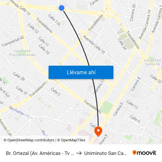 Br. Ortezal (Av. Américas - Tv 39) to Uniminuto San Camilo map