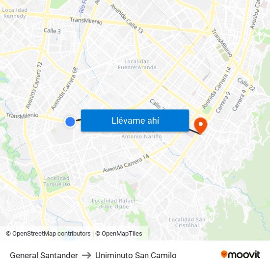 General Santander to Uniminuto San Camilo map