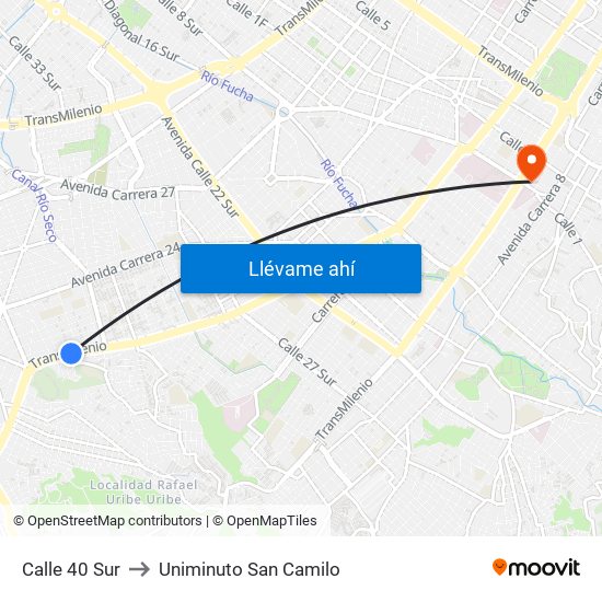 Calle 40 Sur to Uniminuto San Camilo map