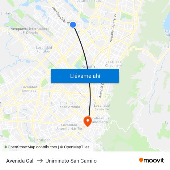 Avenida Cali to Uniminuto San Camilo map