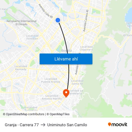 Granja - Carrera 77 to Uniminuto San Camilo map