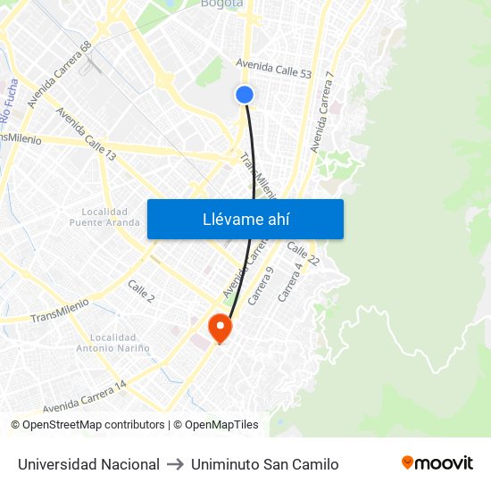 Universidad Nacional to Uniminuto San Camilo map