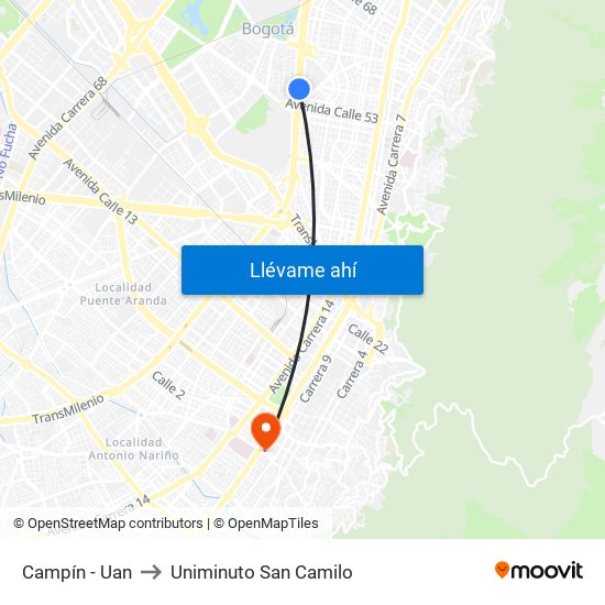 Campín - Uan to Uniminuto San Camilo map