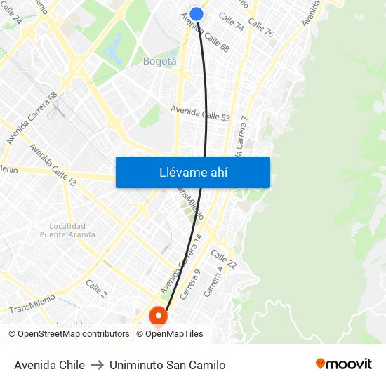 Avenida Chile to Uniminuto San Camilo map