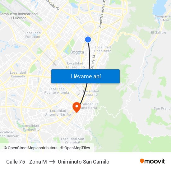 Calle 75 - Zona M to Uniminuto San Camilo map