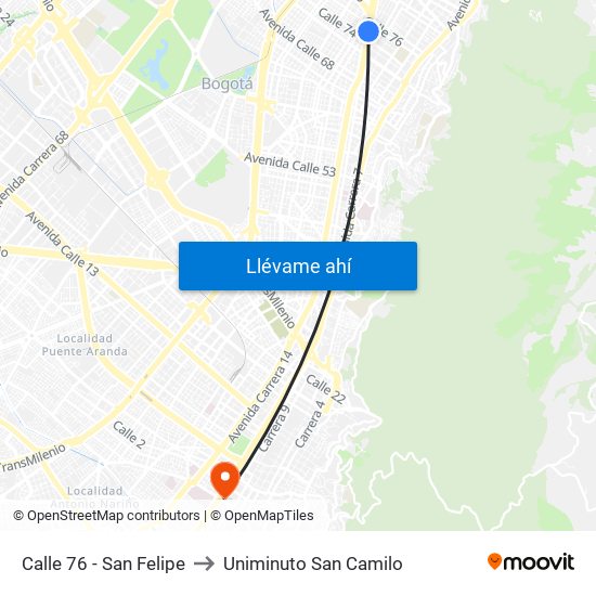 Calle 76 - San Felipe to Uniminuto San Camilo map