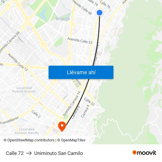 Calle 72 to Uniminuto San Camilo map