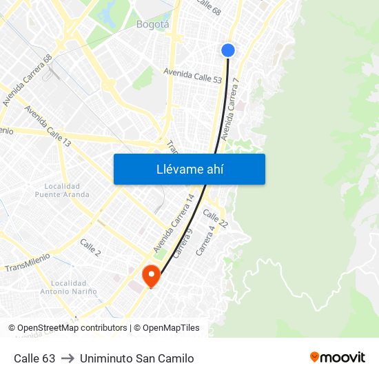 Calle 63 to Uniminuto San Camilo map