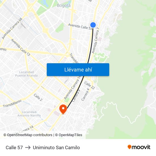 Calle 57 to Uniminuto San Camilo map