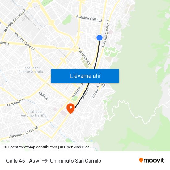 Calle 45 - Asw to Uniminuto San Camilo map