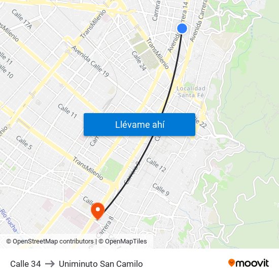 Calle 34 to Uniminuto San Camilo map