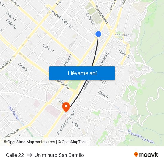 Calle 22 to Uniminuto San Camilo map