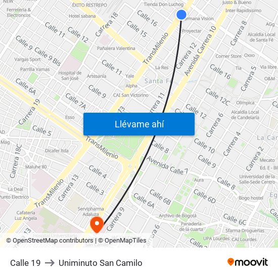 Calle 19 to Uniminuto San Camilo map