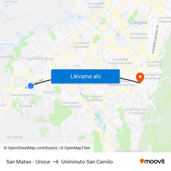 San Mateo - Unisur to Uniminuto San Camilo map