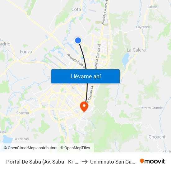 Portal De Suba (Av. Suba - Kr 106) to Uniminuto San Camilo map