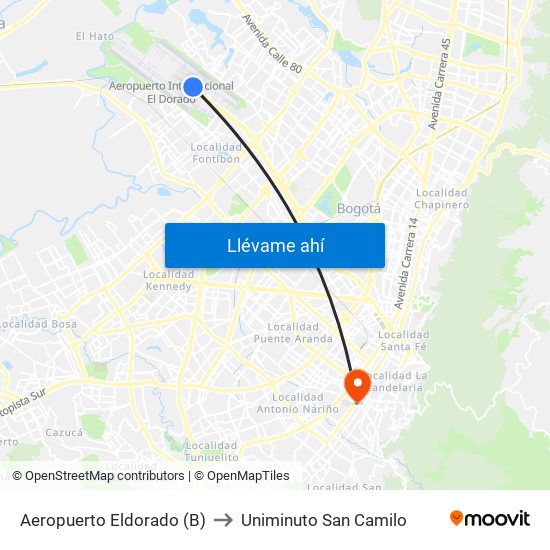 Aeropuerto Eldorado (B) to Uniminuto San Camilo map
