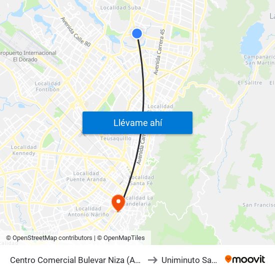 Centro Comercial Bulevar Niza (Ac 127 - Av. Suba) to Uniminuto San Camilo map