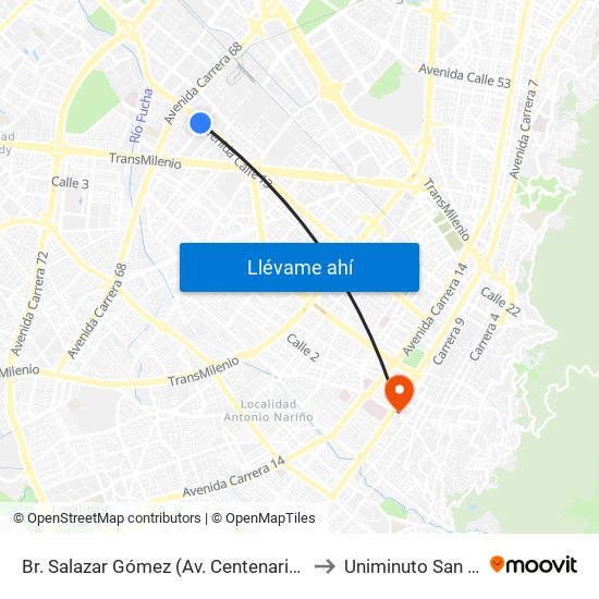 Br. Salazar Gómez (Av. Centenario - Kr 65) (A) to Uniminuto San Camilo map
