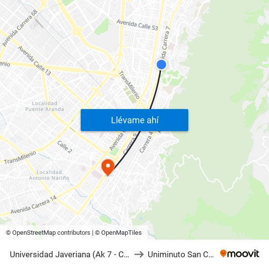 Universidad Javeriana (Ak 7 - Cl 40) (B) to Uniminuto San Camilo map