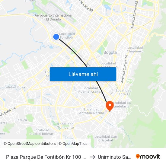 Plaza Parque De Fontibón Kr 100 (Kr 100 - Cl 17a) to Uniminuto San Camilo map