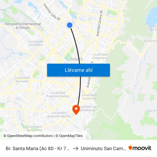 Br. Santa María (Ac 80 - Kr 73b) to Uniminuto San Camilo map