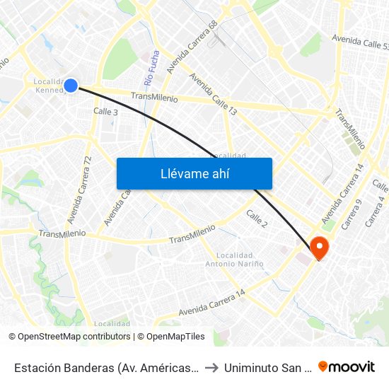 Estación Banderas (Av. Américas - Kr 78a) (A) to Uniminuto San Camilo map