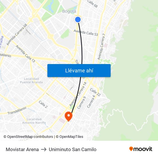 Movistar Arena to Uniminuto San Camilo map