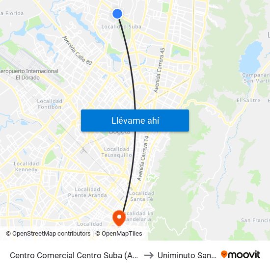 Centro Comercial Centro Suba (Av. Suba - Kr 91) to Uniminuto San Camilo map
