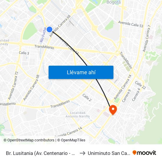 Br. Lusitania (Av. Centenario - Kr 68b) to Uniminuto San Camilo map