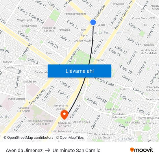Avenida Jiménez to Uniminuto San Camilo map