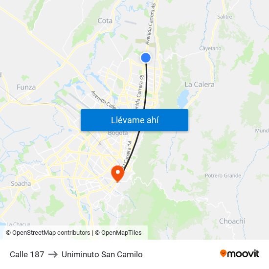 Calle 187 to Uniminuto San Camilo map