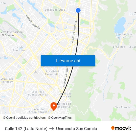 Calle 142 (Lado Norte) to Uniminuto San Camilo map