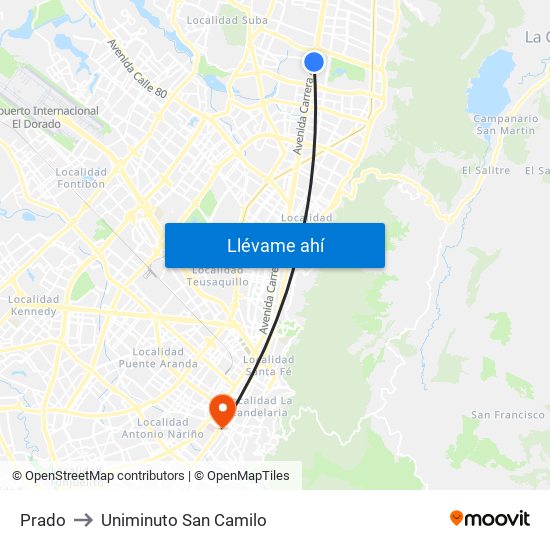 Prado to Uniminuto San Camilo map